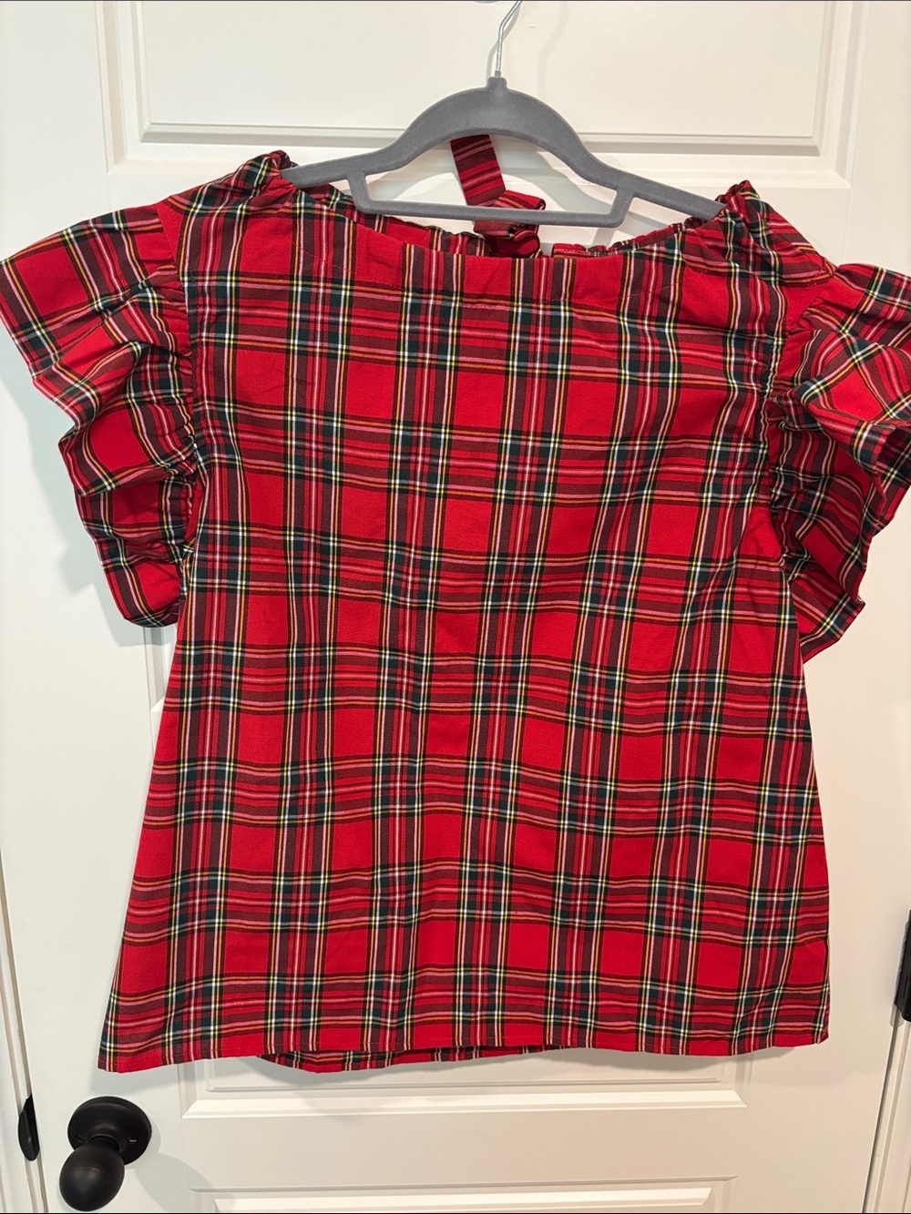 entro Red Plaid Off-Shoulder Ruffle Sleeve Blouse